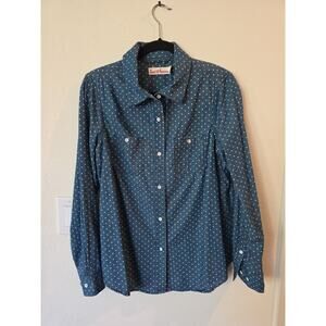 Hanna Andersson "love hanna" Blue Denim Polkadot Button Down Shirt Girls Sz...